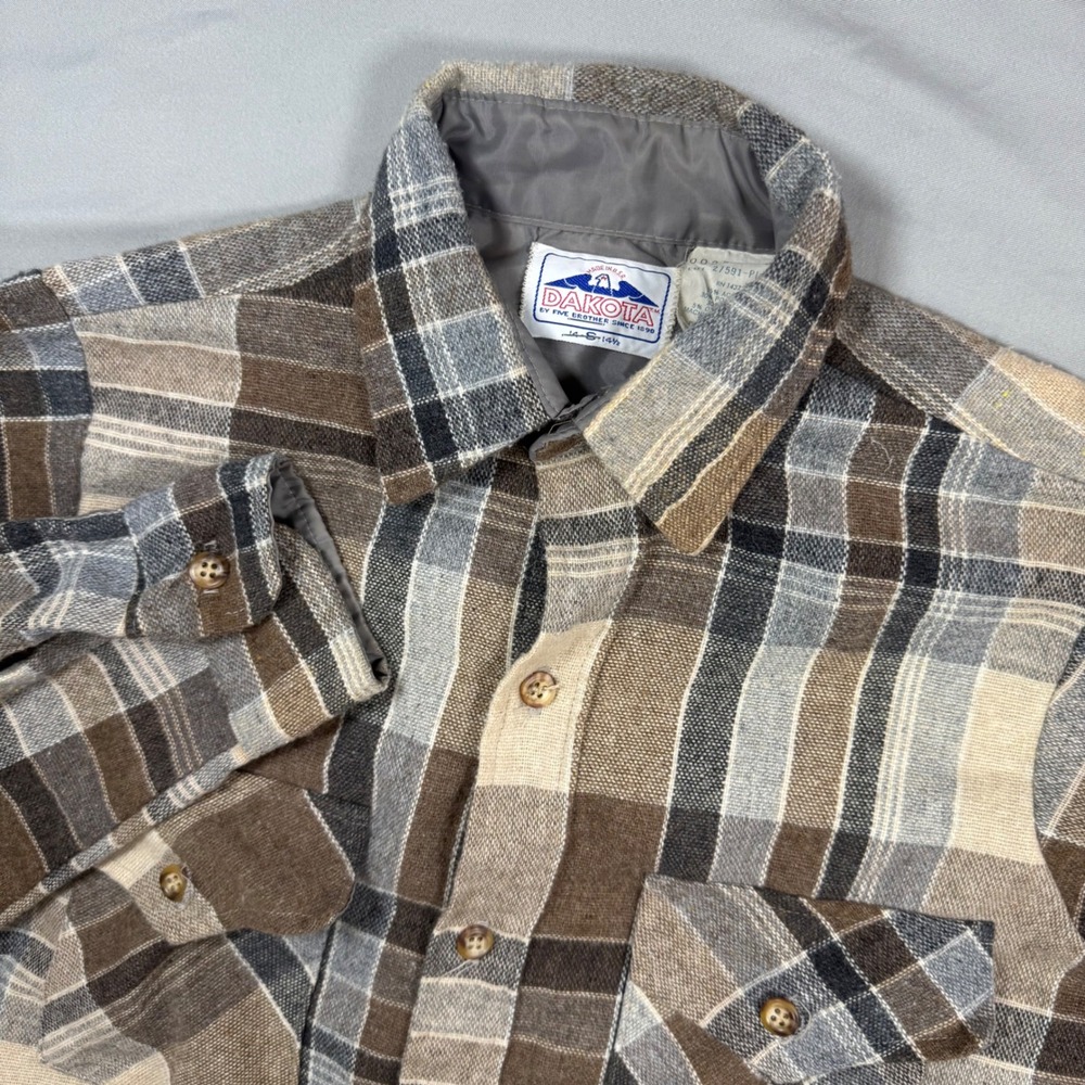 VTG Dakota Five Brother Mens S 14/14.5 Plaid Flannel‎ Shirt Long Sleeve USA 80's